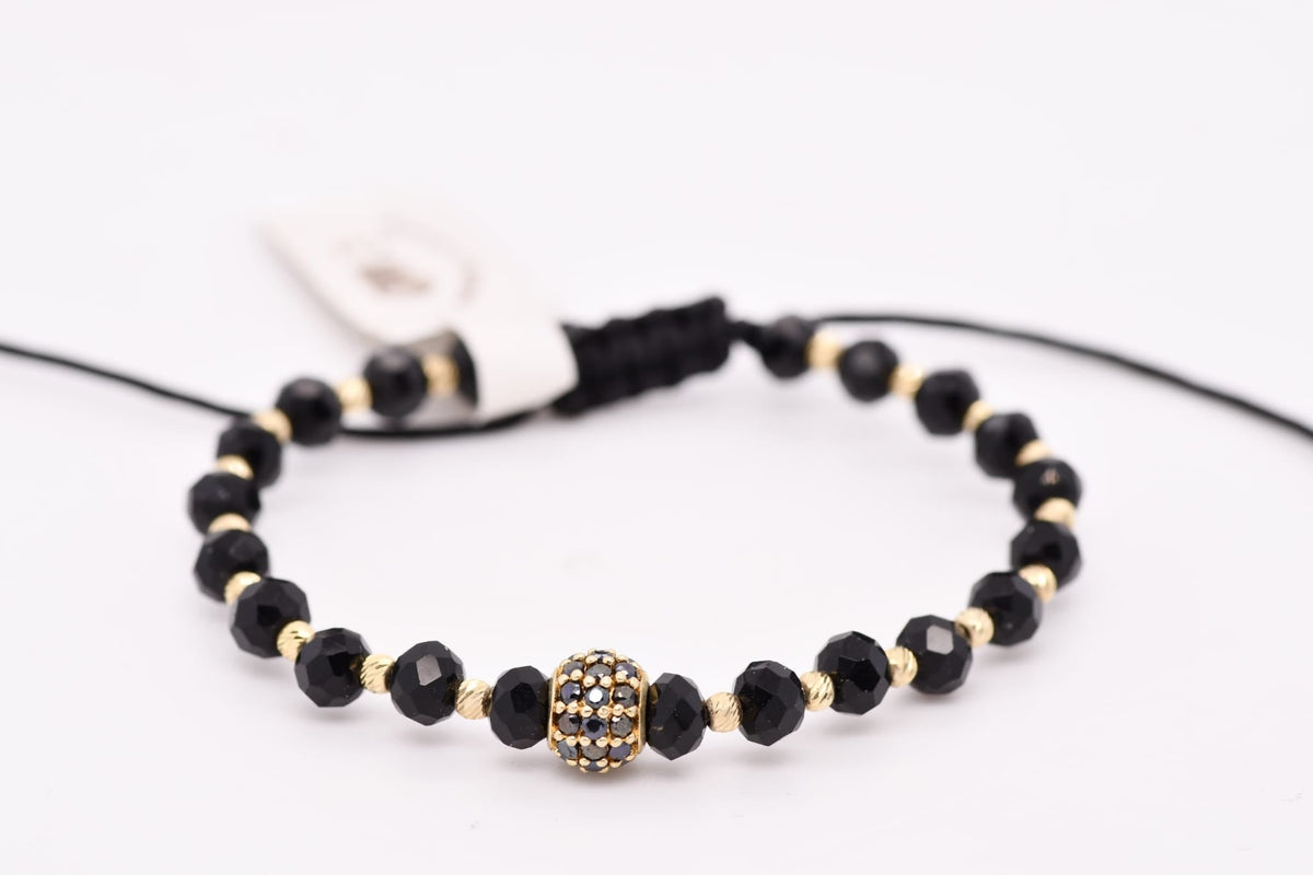 14K Gold Pavé CZ Bead Black Crystal Bracelet