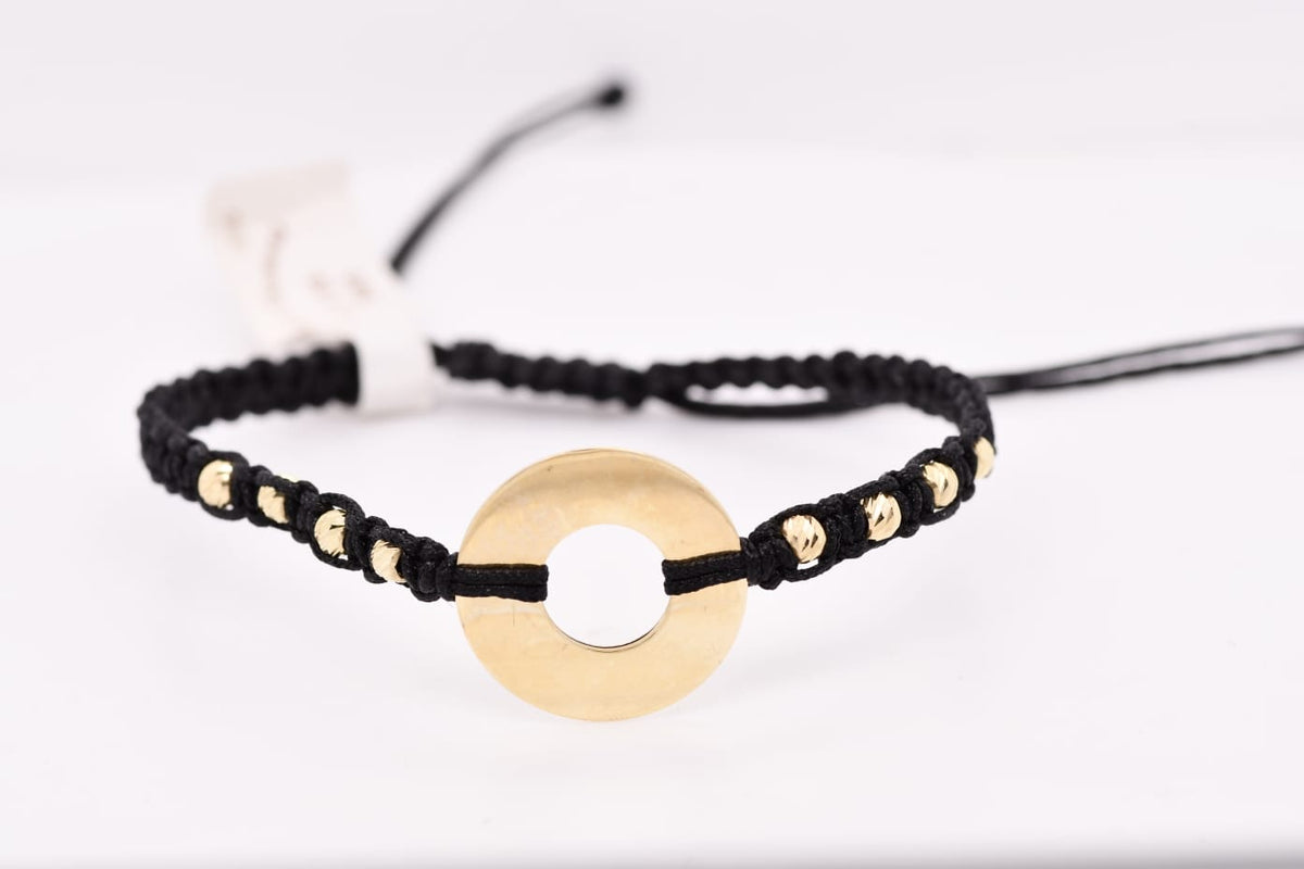 14K Gold Open Disc & Beaded Black Cord Bracelet