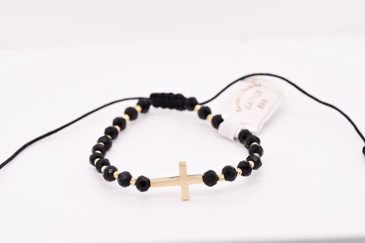 14K Gold Cross Black Crystal Bracelet with Gold Beads
