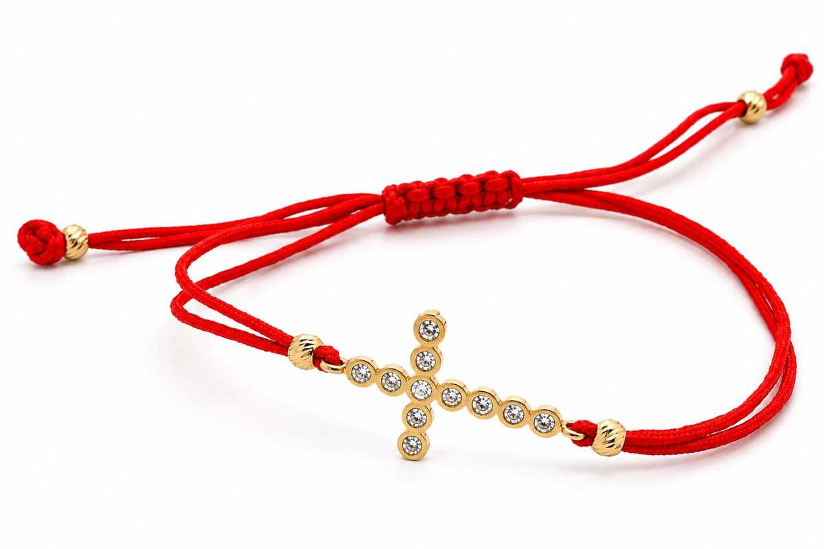 14K Gold CZ Cross Red Cord Bracelet