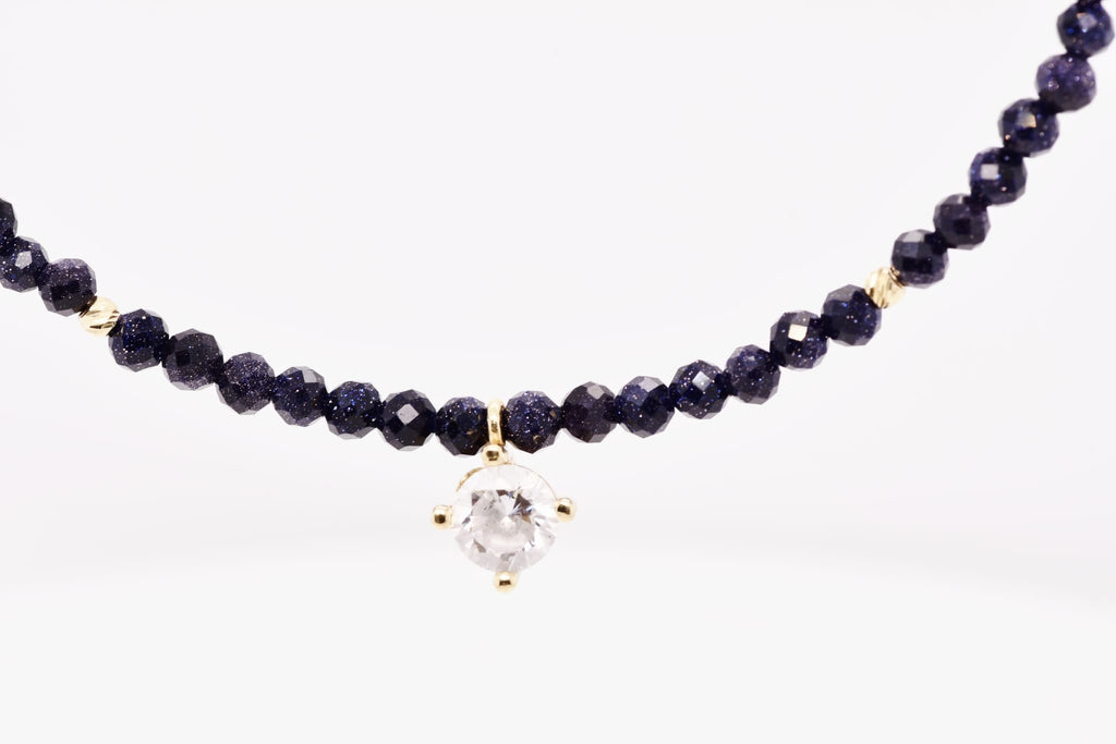14K Gold Dark Blue Beaded Necklace with Crystal Charm