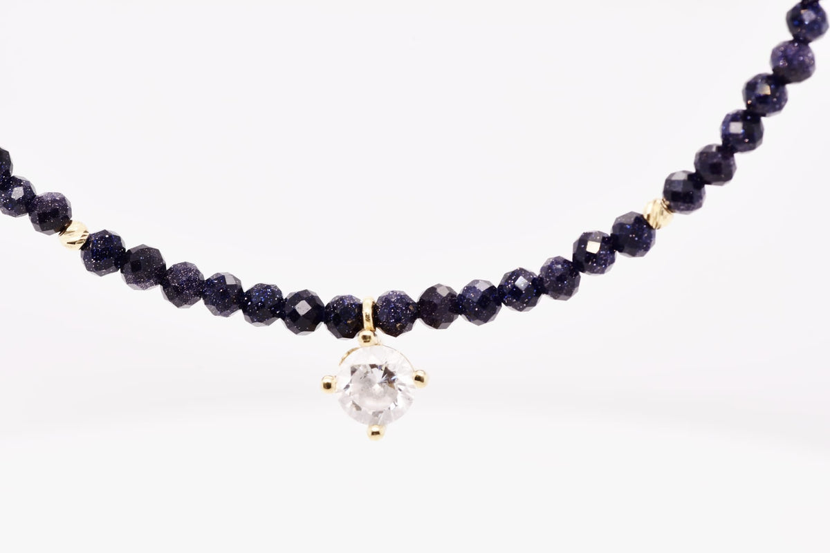 14K Gold Dark Blue Beaded Necklace with Crystal Charm