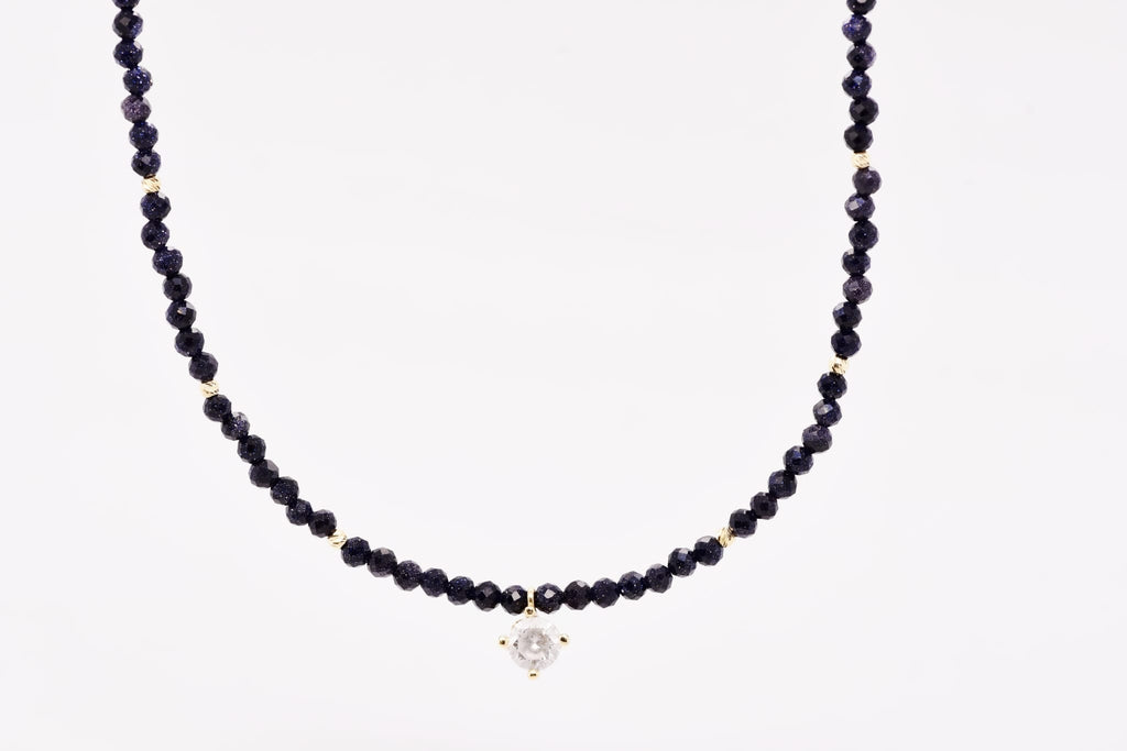 14K Gold Dark Blue Beaded Necklace with Crystal Charm