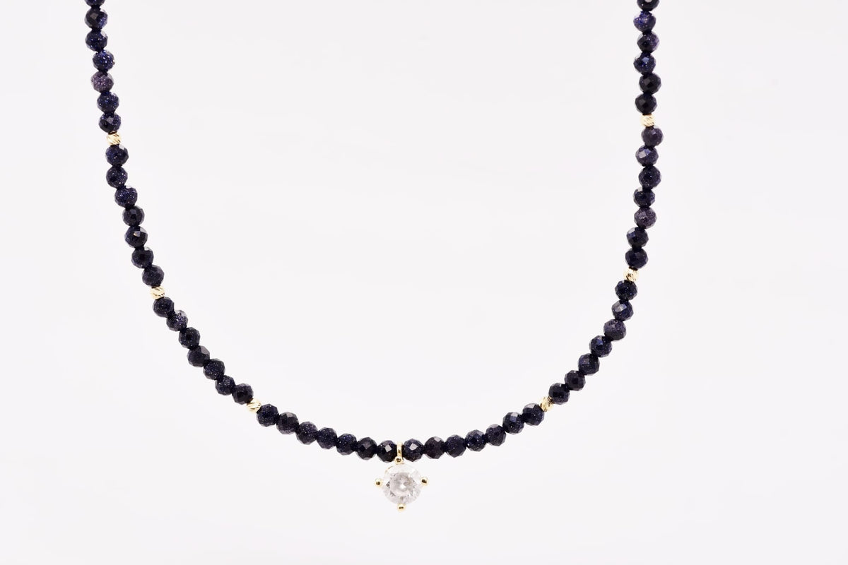 14K Gold Dark Blue Beaded Necklace with Crystal Charm