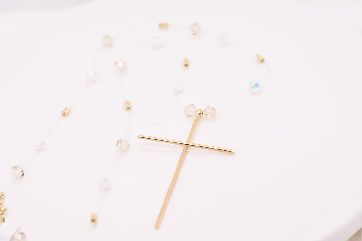 14K Gold Cross Necklace with Crystal Beads