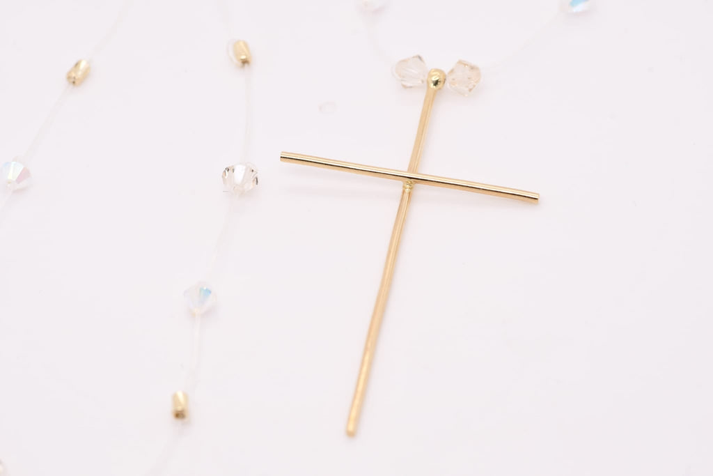 14K Gold Cross Necklace with Crystal Beads