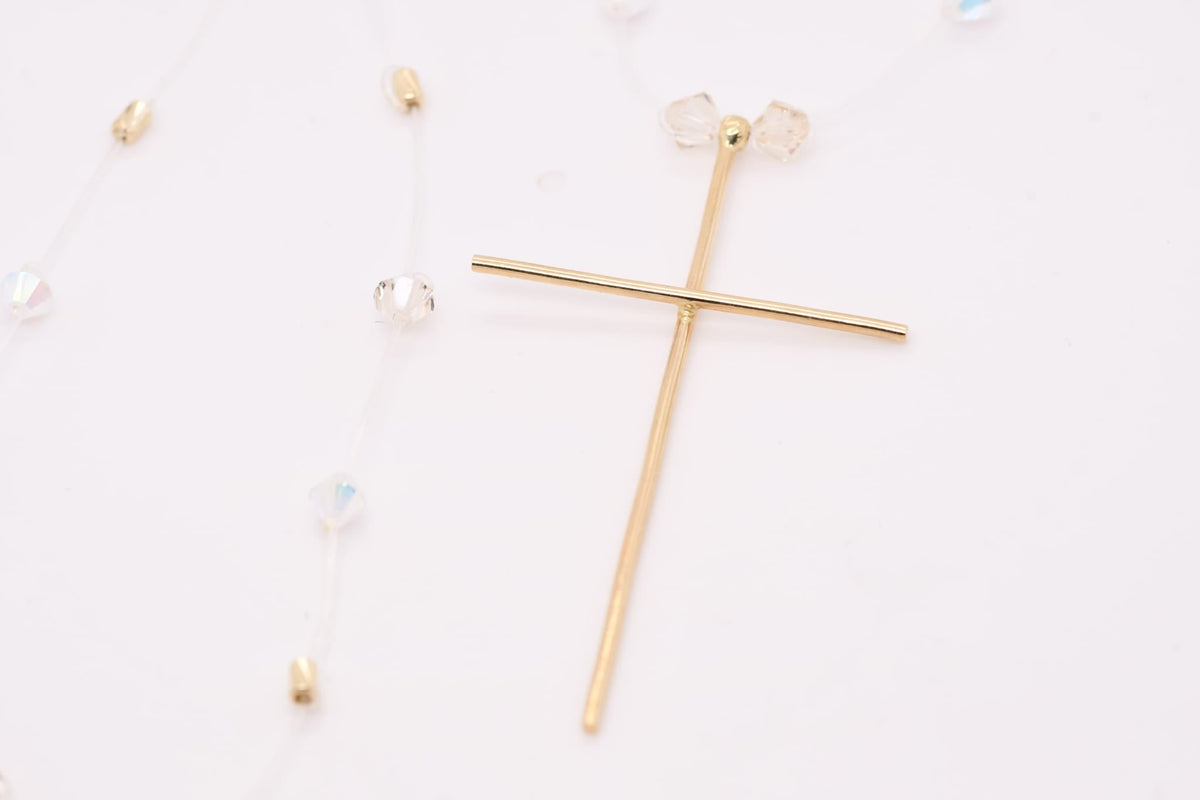 14K Gold Cross Necklace with Crystal Beads