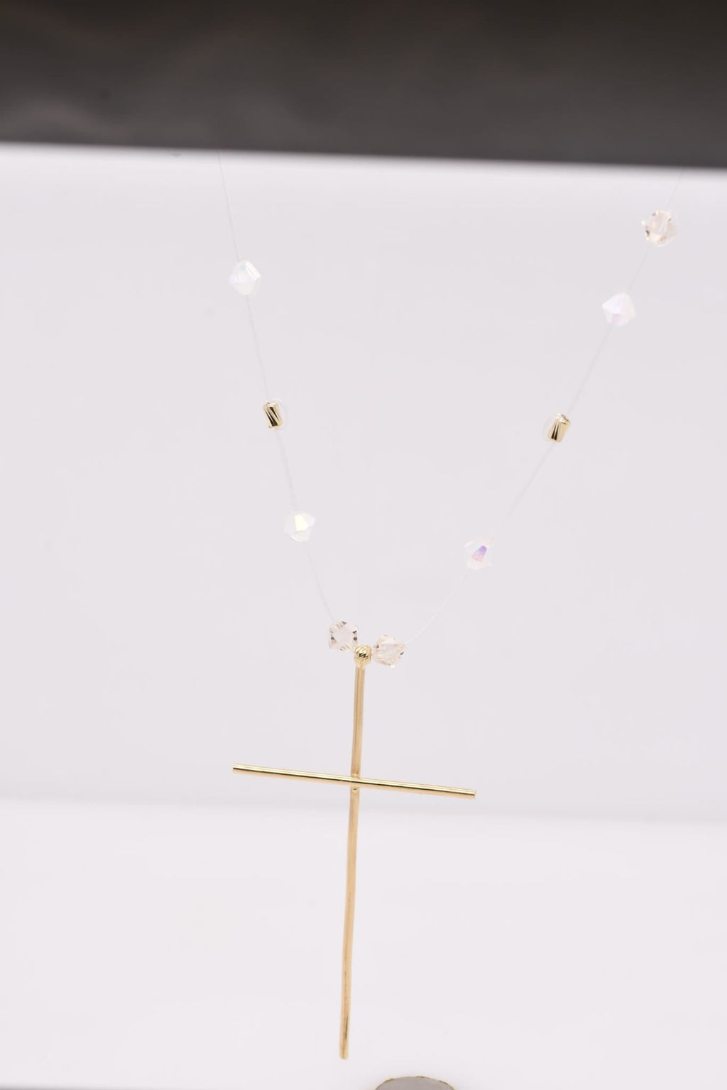 14K Gold Cross Necklace with Crystal Beads