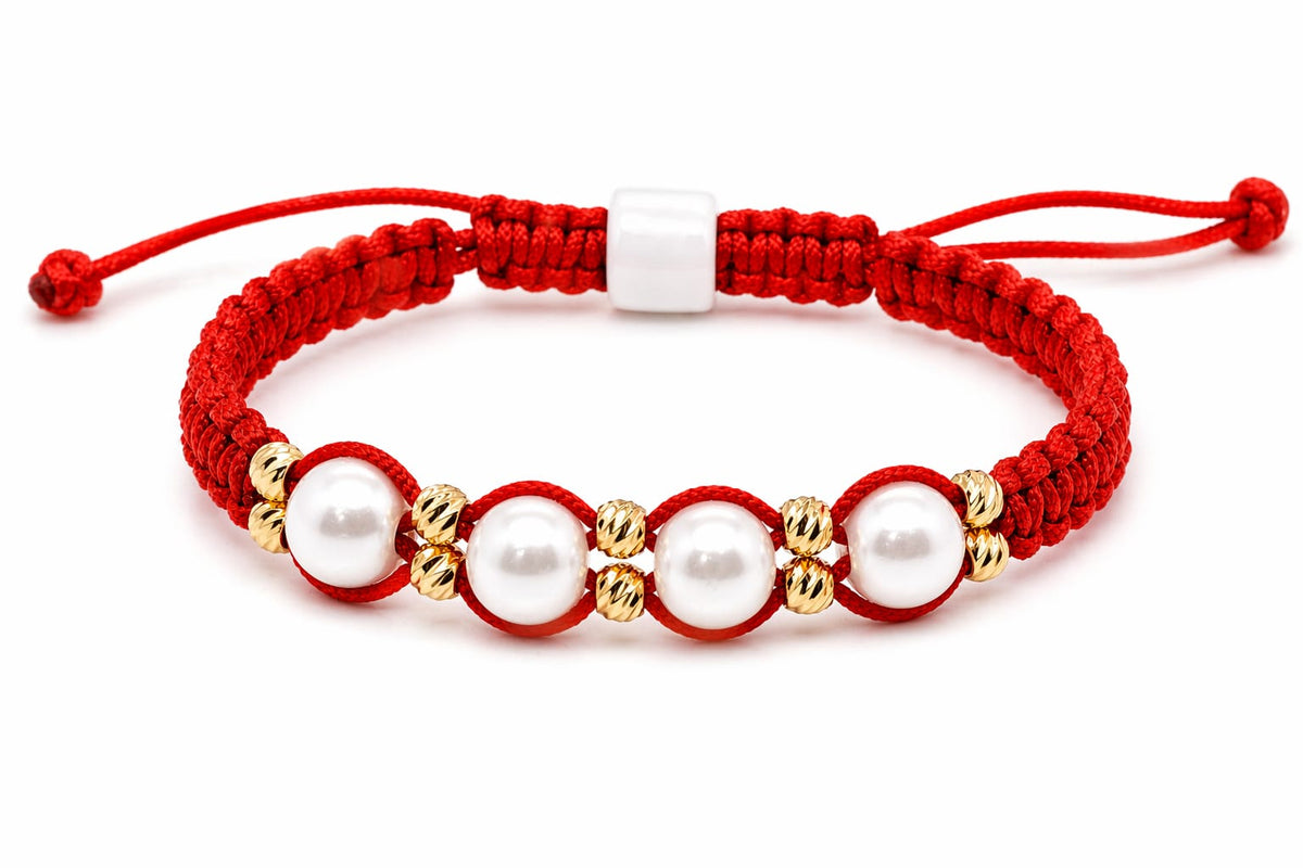 14K Gold Red String Bracelet with 4 Pearls