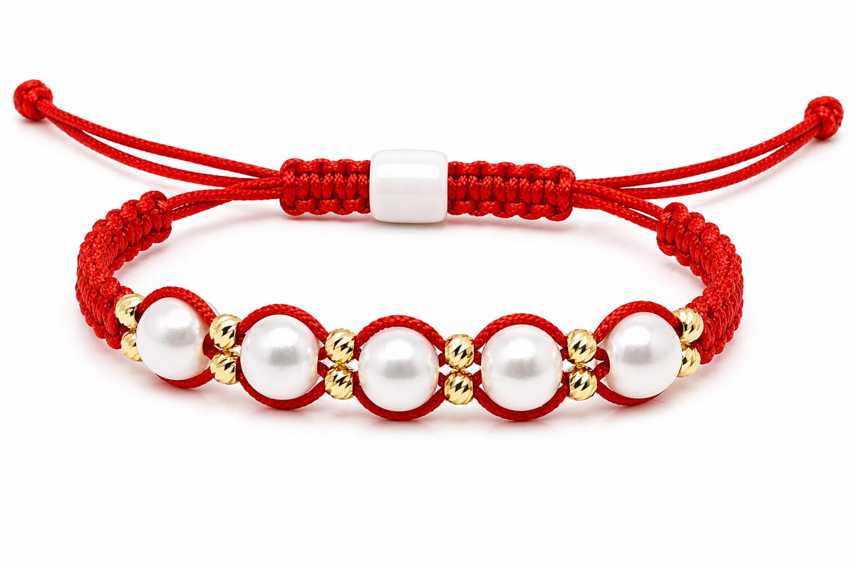 14K Gold Red String Bracelet with 5 Pearls