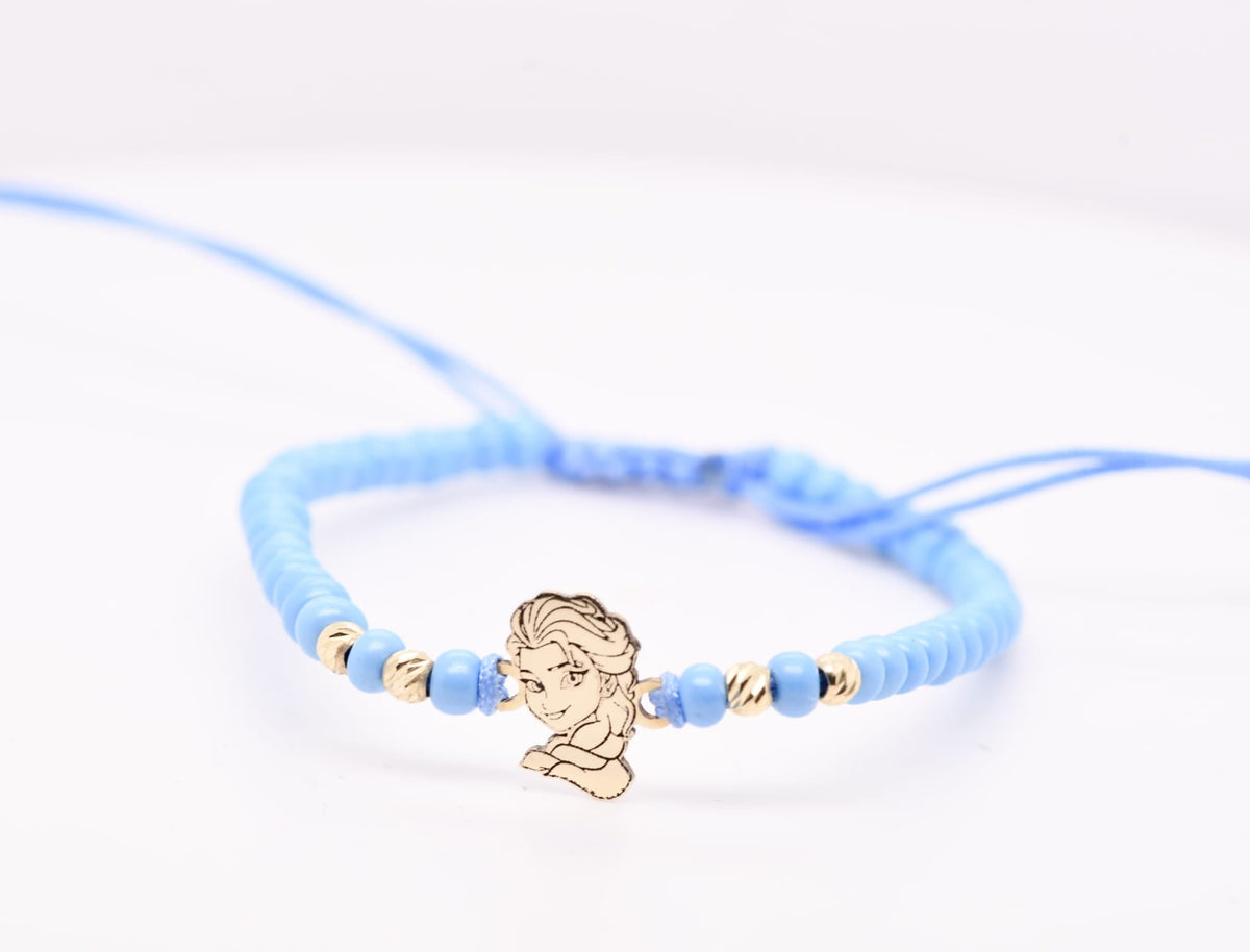 14K Gold Elsa Frozen Blue Macramé Bracelet – Adjustable Children’s Gift