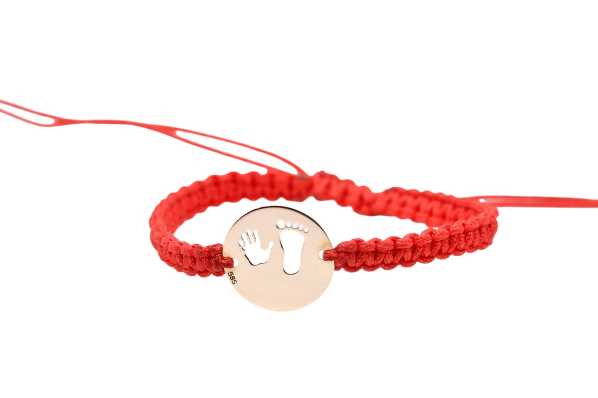 14K Gold Baby Hand & Footprint Disc Red Macramé Bracelet – Adjustable