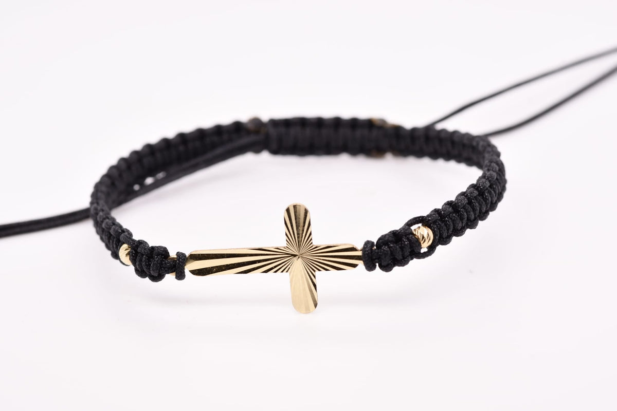 14K Gold Sunburst Cross Charm Black Macramé Bracelet