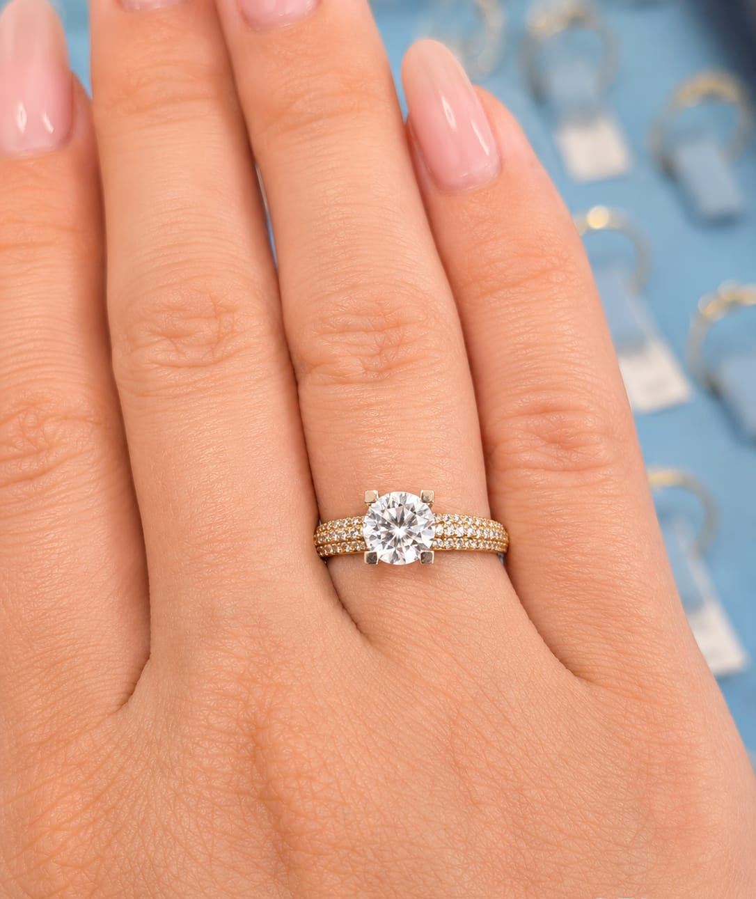 14K Gold CZ Solitaire Ring with Pavé Band