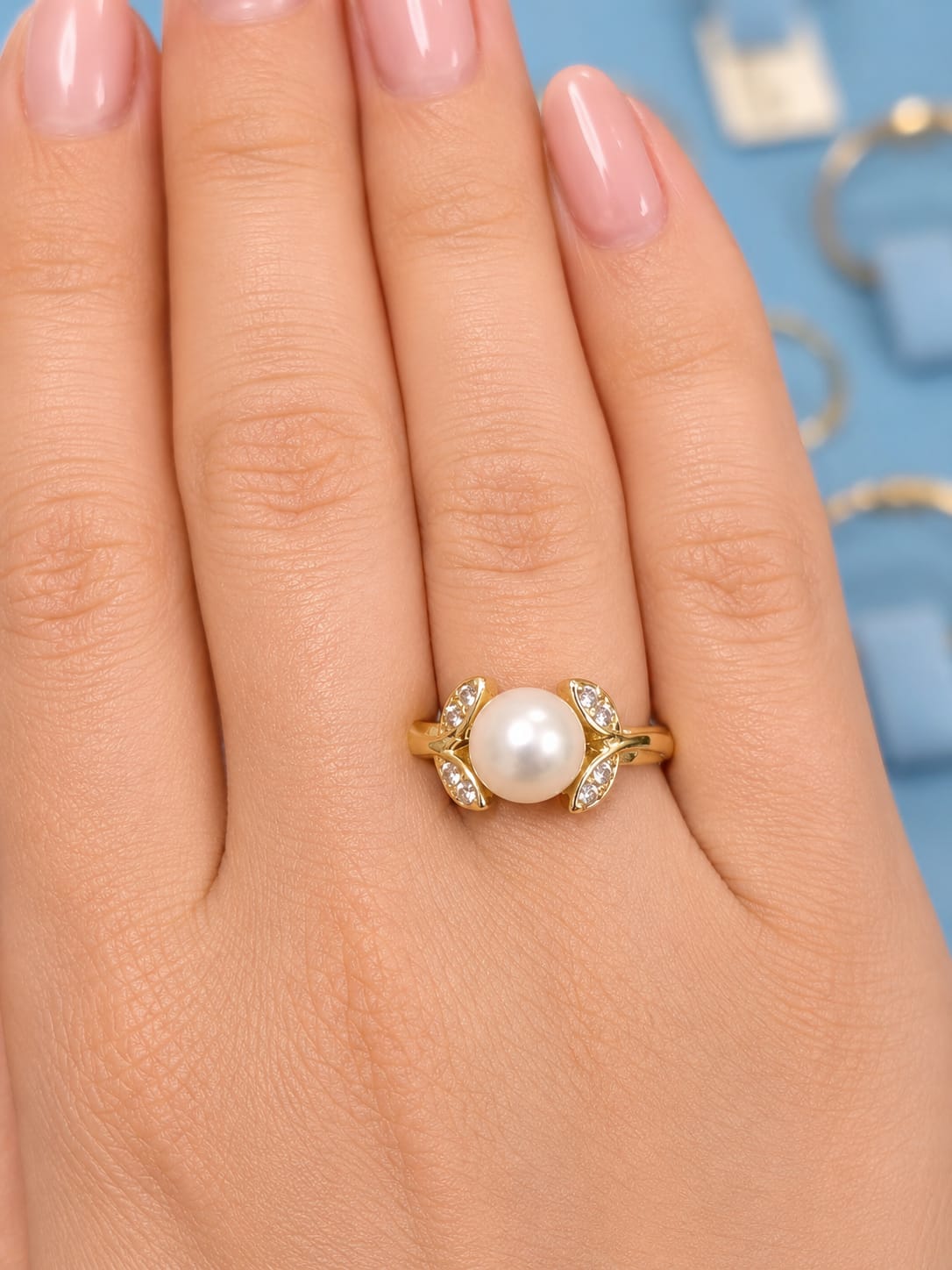 14K Gold Freshwater Pearl & CZ Leaf Ring