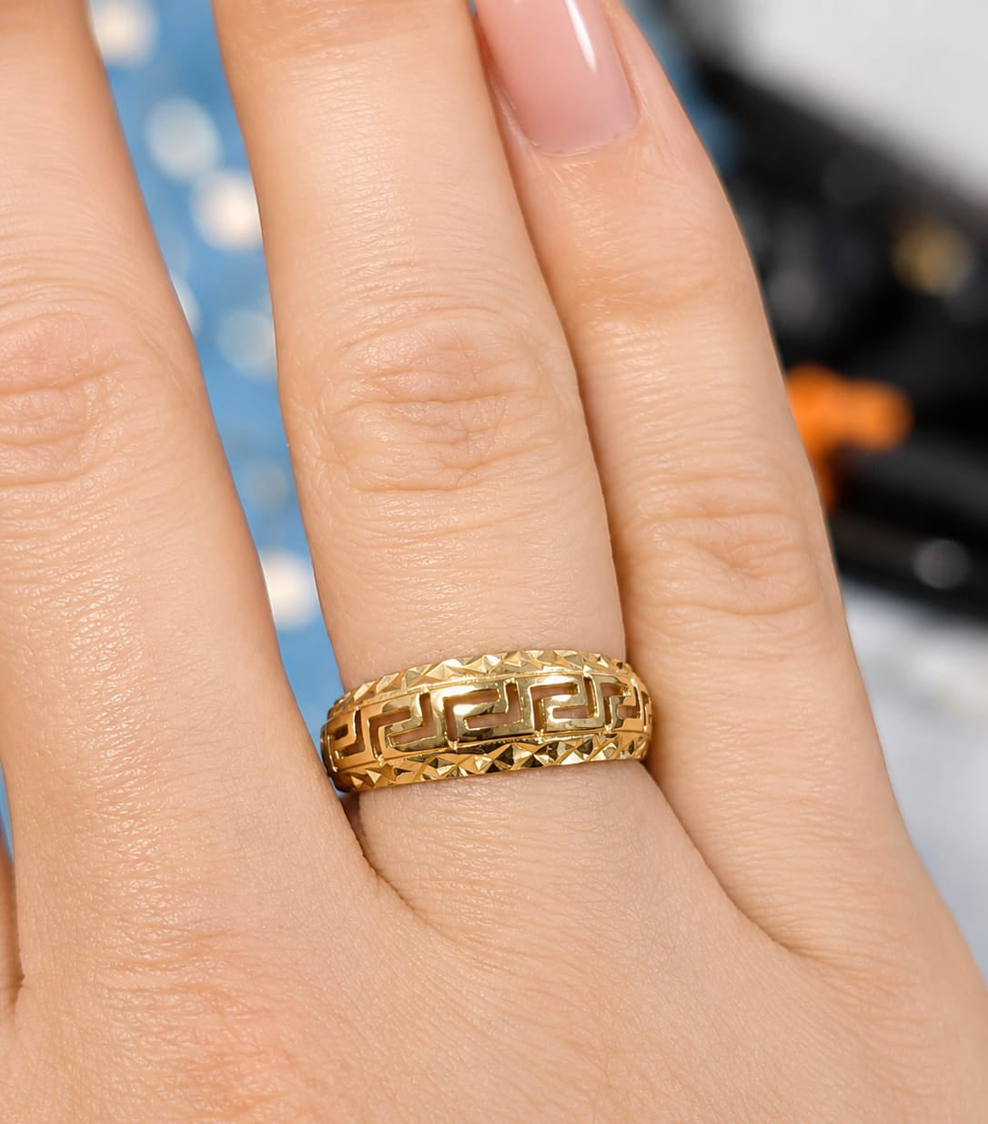 14K Gold Greek Key Diamond-Cut Band Ring