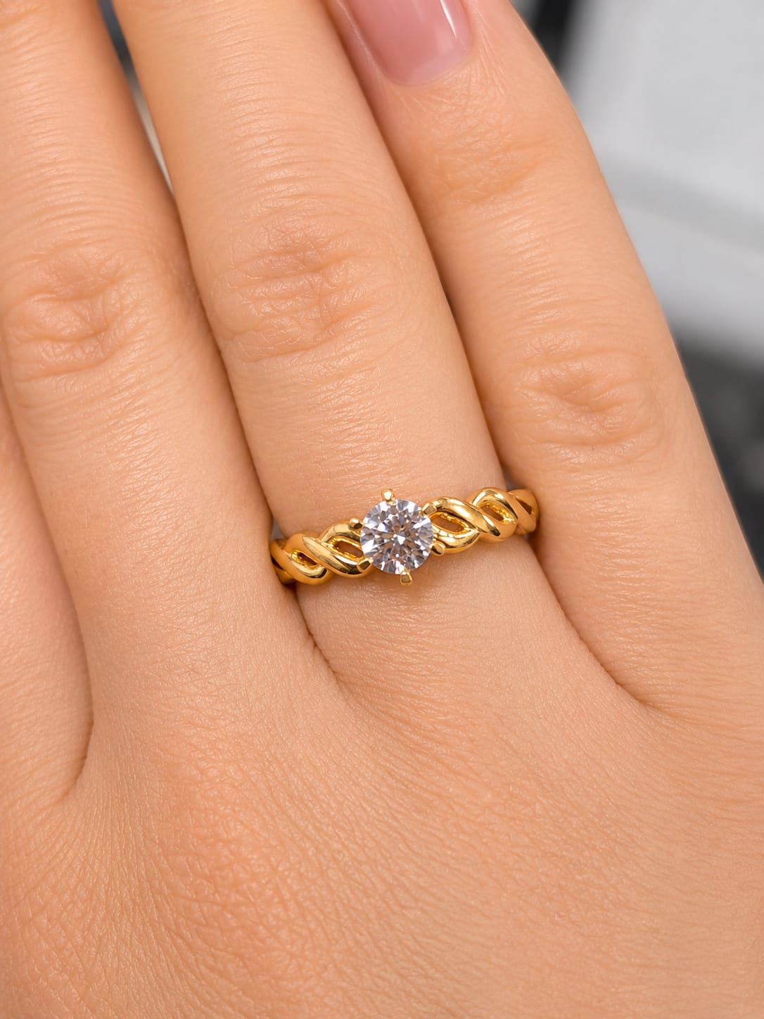 14K Gold CZ Solitaire Ring with Braided Band