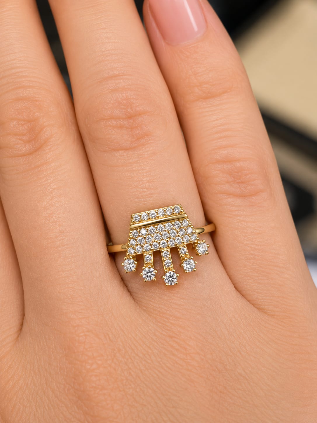 14K Gold CZ Pavé Rectangle & Dangling Drops Ring