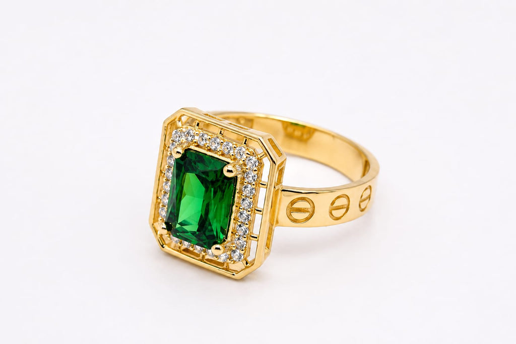 14K Gold Emerald Green CZ Halo Ring – Love Style