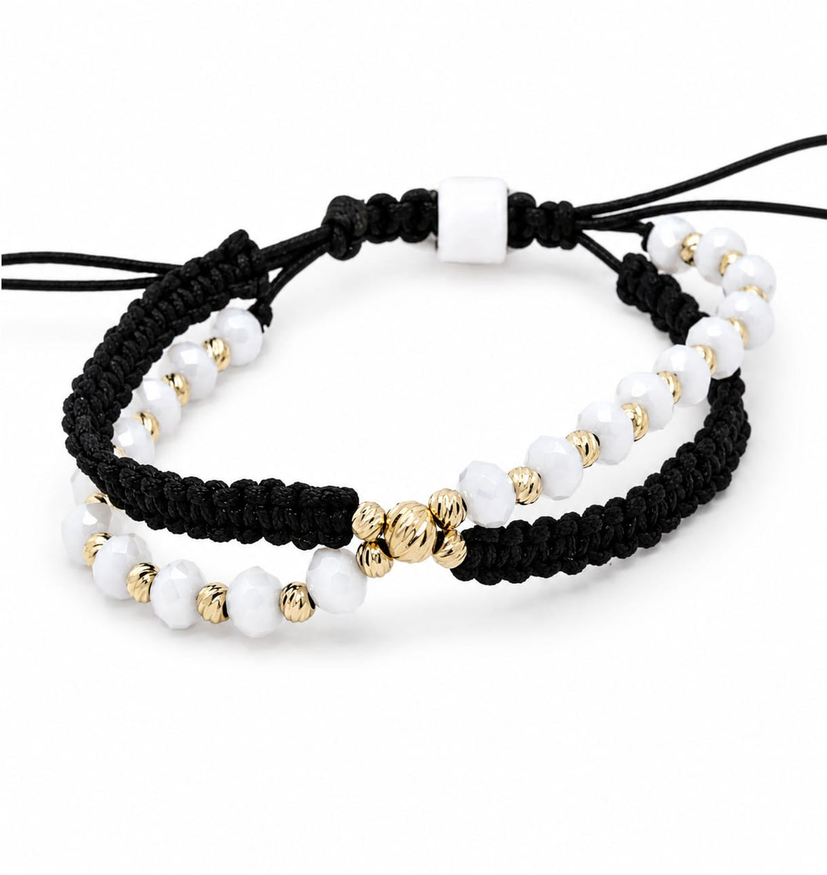 14K Gold & White Crystal Bead Double Bracelet Set – Black Macramé
