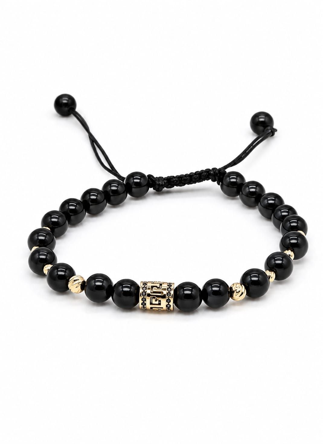 14K Gold Black Onyx Bracelet with Greek Key Cylinder Charm – Unisex
