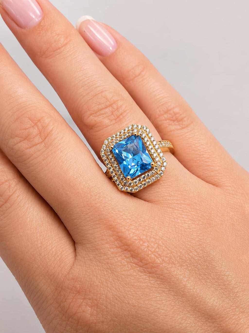 14K Gold Blue Topaz CZ Double Halo Ring – Anom