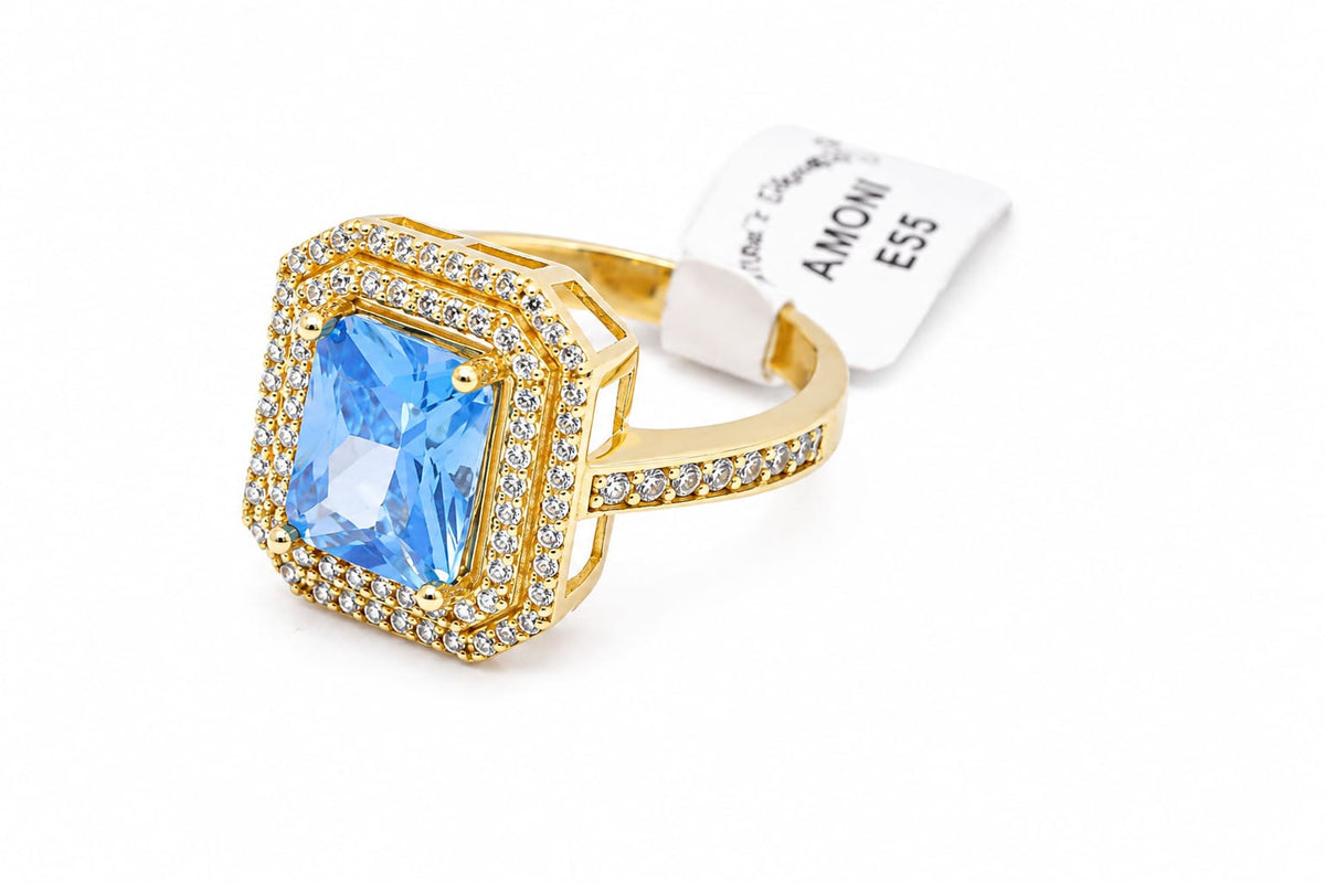 14K Gold Blue Topaz CZ Double Halo Ring – Anom