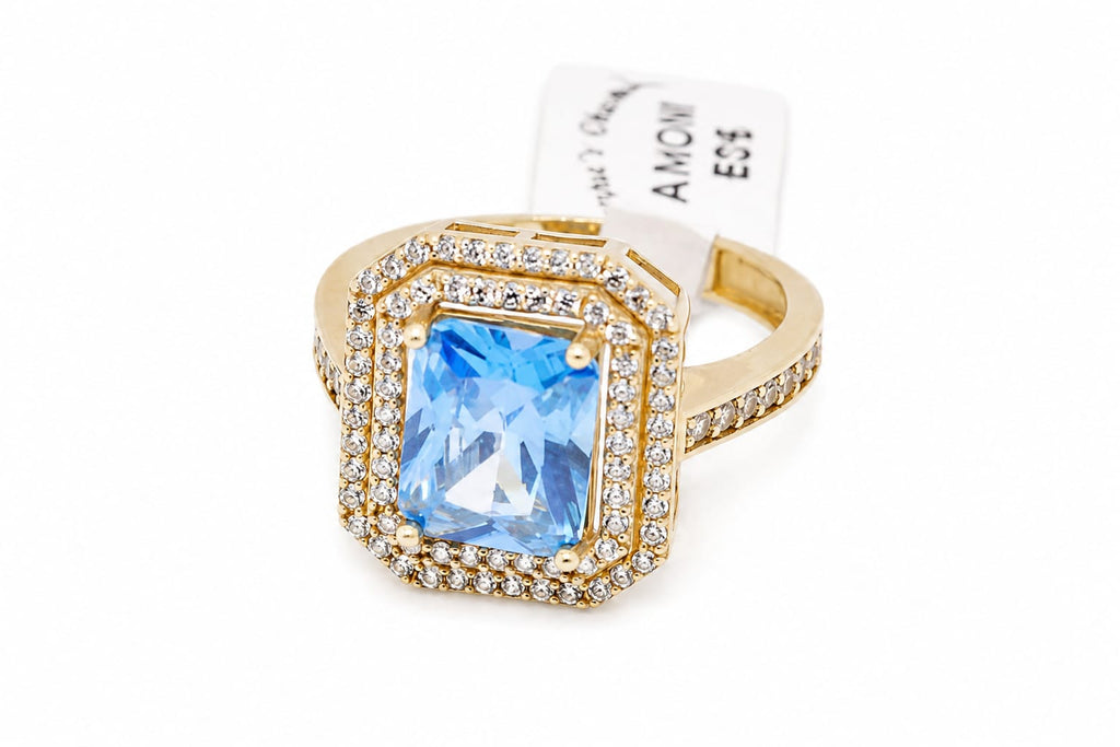 14K Gold Blue Topaz CZ Double Halo Ring – Anom