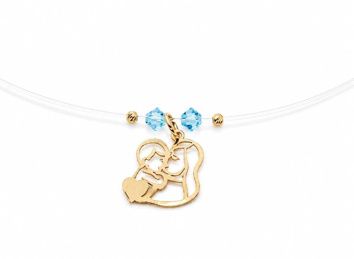 14K Gold Mother & Child Necklace with Blue Crystal Beads – 42cm