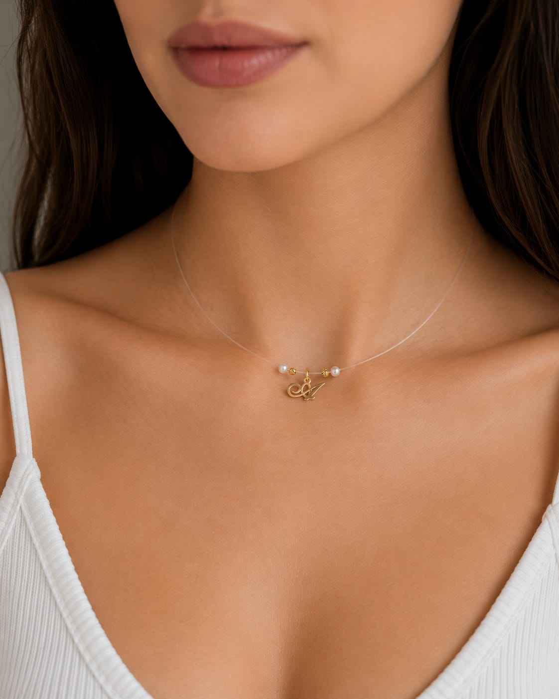 14K Gold Cursive Initial Necklace with Pearl Beads – 41cm