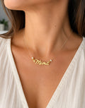 14K Gold "Mama" Cursive Necklace with Pearl Beads – 40cm