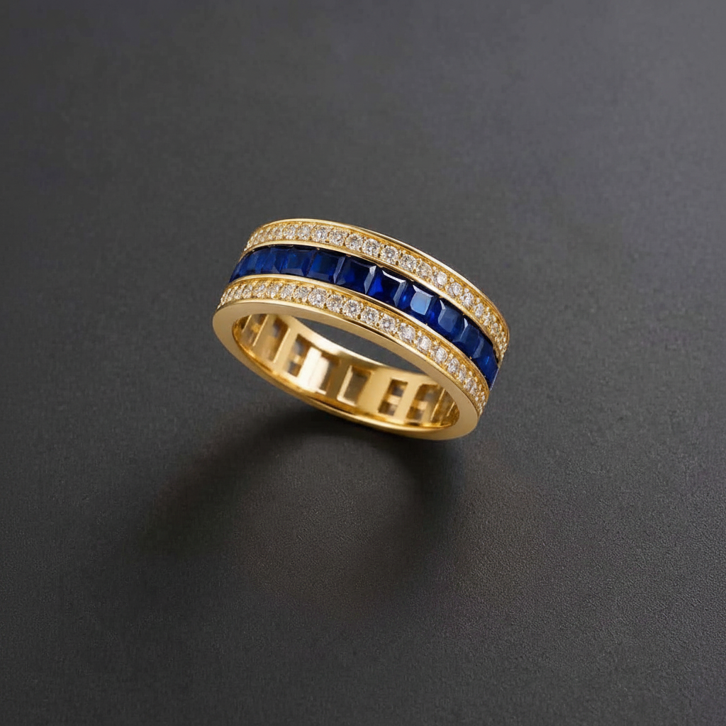 14K Gold Eternity Band Ring – Blue  Sapphire CZ & Micropavé